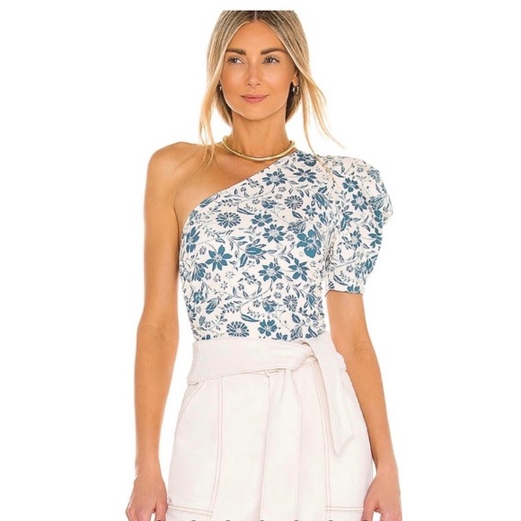 Free People Tops - Free People Intimately One Shoulder Puff Sleeve Floral Bodysuit Teal Cream XS